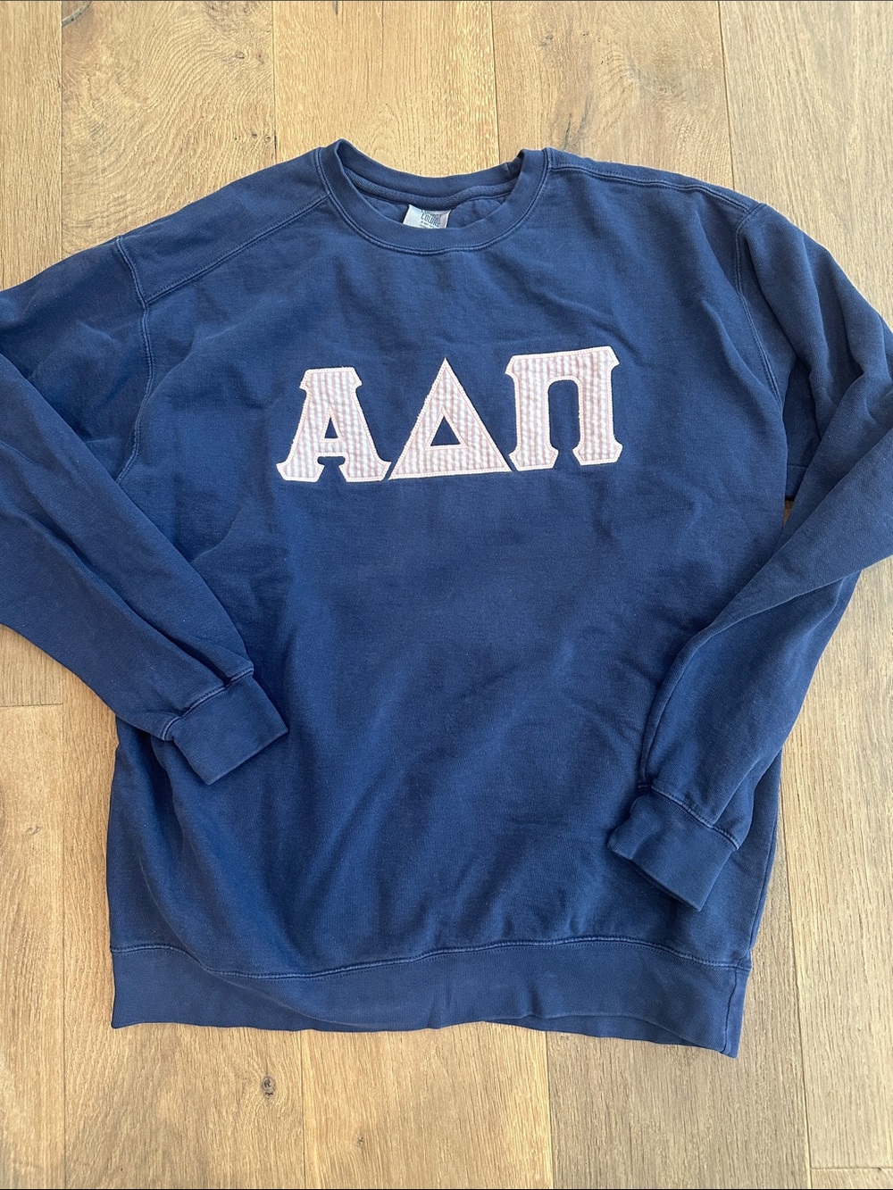 Comfort Colors Navy Crewneck Sweater with Light Pink seersucker Alpha Delta Pi